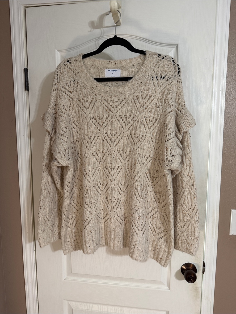 Old Navy Cream Openwork Ruffle-Sleeve Crewneck Sweater